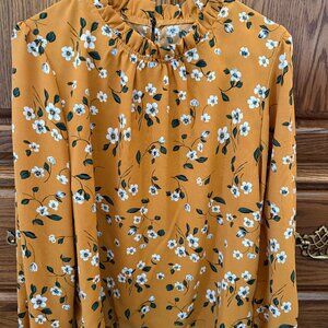 Romwe Women's Floral Print Flounce Long Sleeve Mock Neck Work Blouses Tops Musta